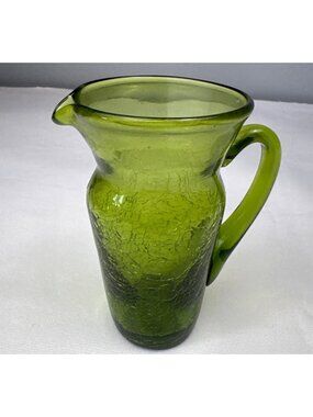 Green Crackle Glass 4-Inch Handblown Pitcher Handle Spout Vintage Vibes Decorati